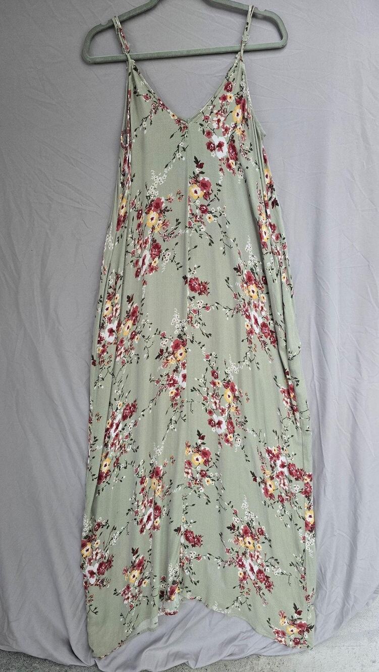 Lovestitch Dress Womens M/L Green Floral V Neck Strappy Trapeze Maxi Sundress